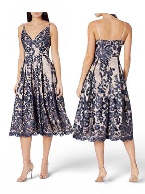 Eliza J NWOT Embroidered Lace Midi Dress Size 6 Navy Blush Spaghetti Strap